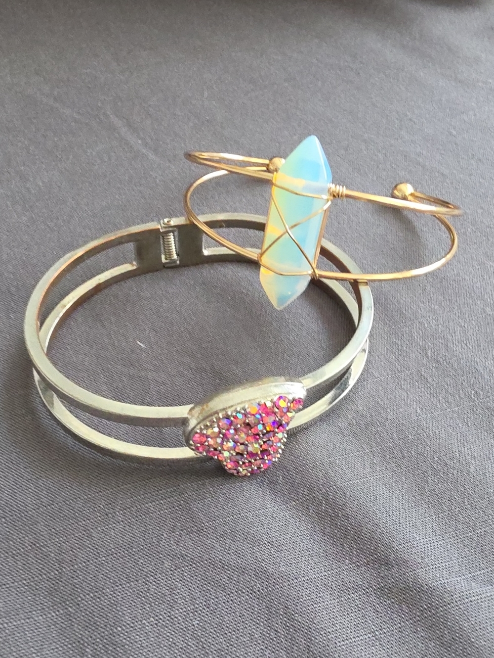 Gold Wire Cuff Bracelet with Opalescent Blue Stone